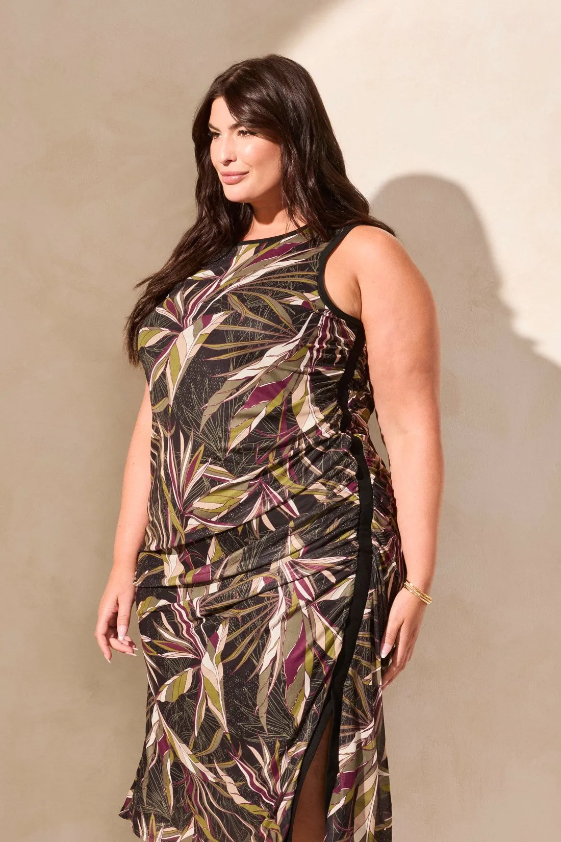 Printed Mesh Sleeveless Maxi Dress With Front Slit-Maroon sold by Tribal product image thumbnail 3