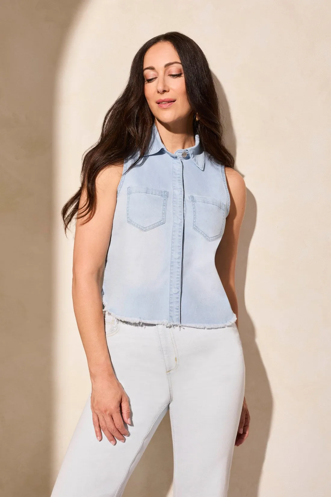 BLUE THREAD Cropped Sleeveless Denim Shirt With Frayed Hem-Bluetiful sold by Tribal