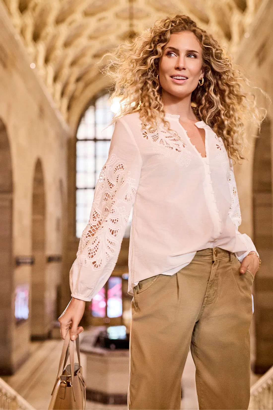 Long-Sleeve Embroidered Cotton Voile Blouse-White sold by Tribal