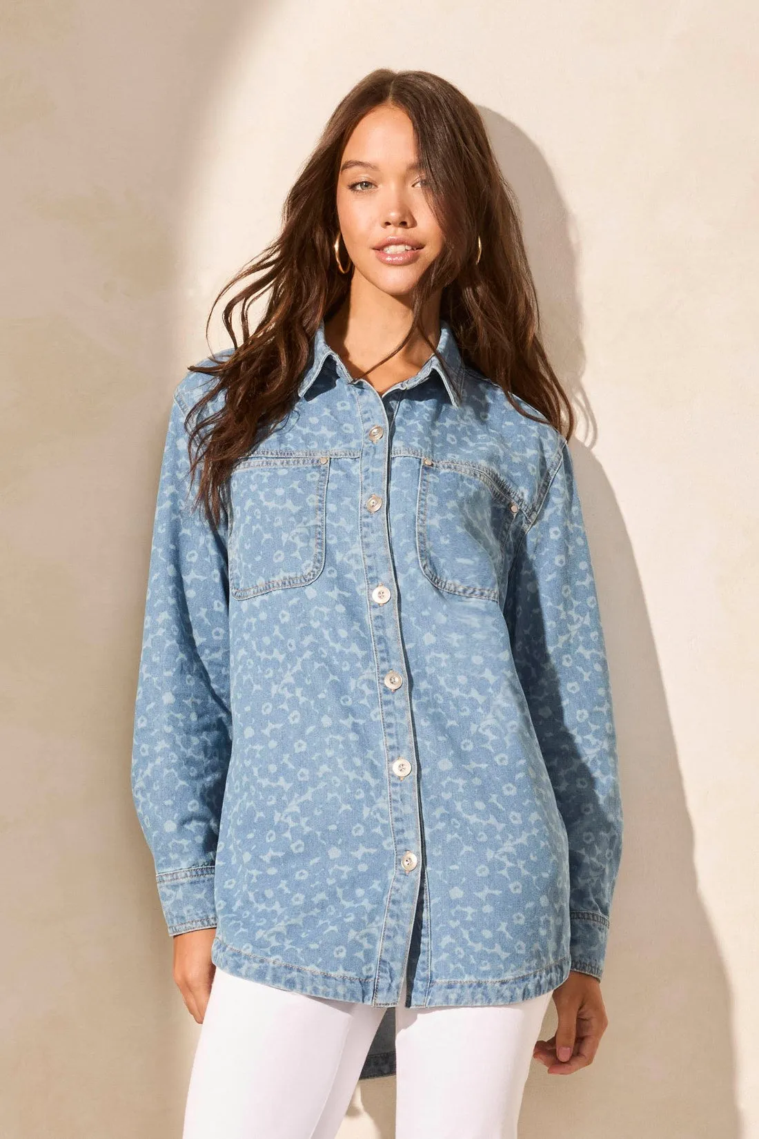 Abstract Floral Pattern Button Front Denim Shirt-Sailboat sold by Tribal