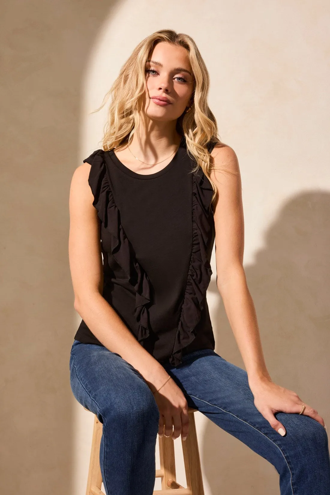 Mixed Media Ruffle-Front Crew Neck Top-Black sold by Tribal product image thumbnail 3