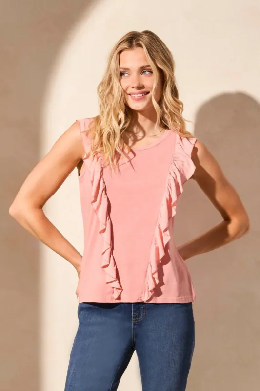 Mixed Media Ruffle-Front Crew Neck Top-Shellpink made by Tribal