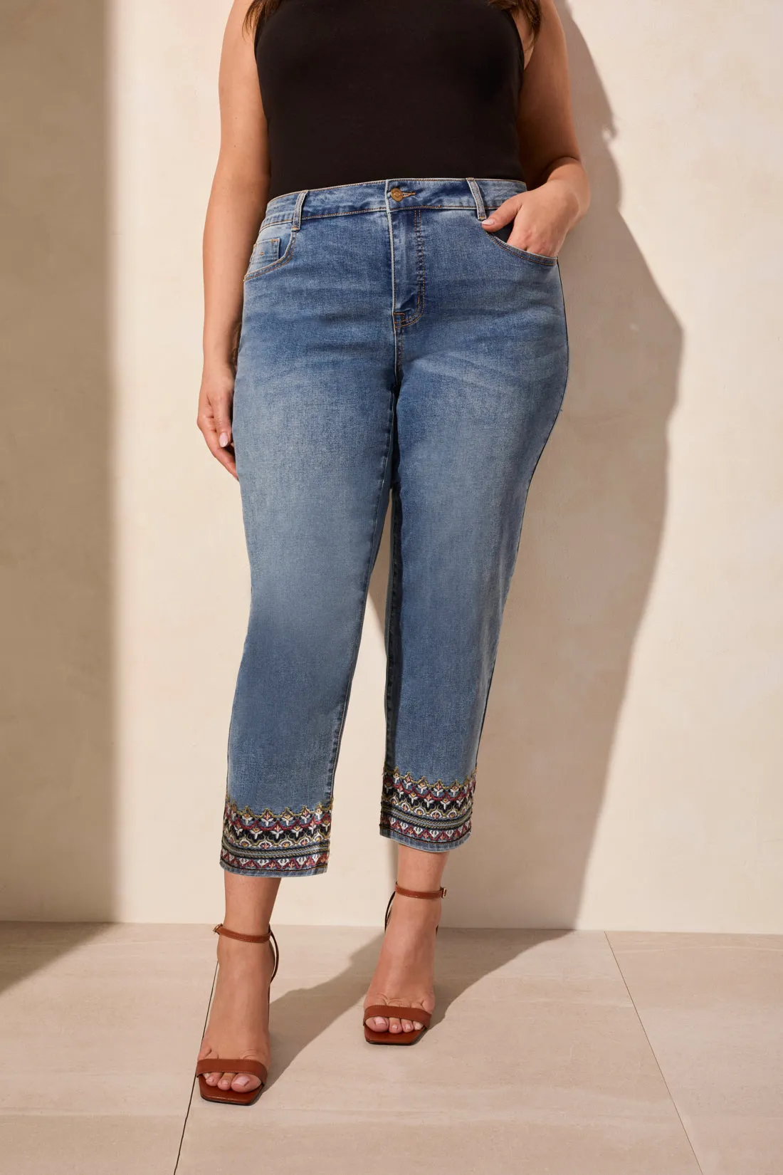 Audrey Mid Rise Embroidered Straight Crop Jeans-Tileblue sold by Tribal product image thumbnail 2