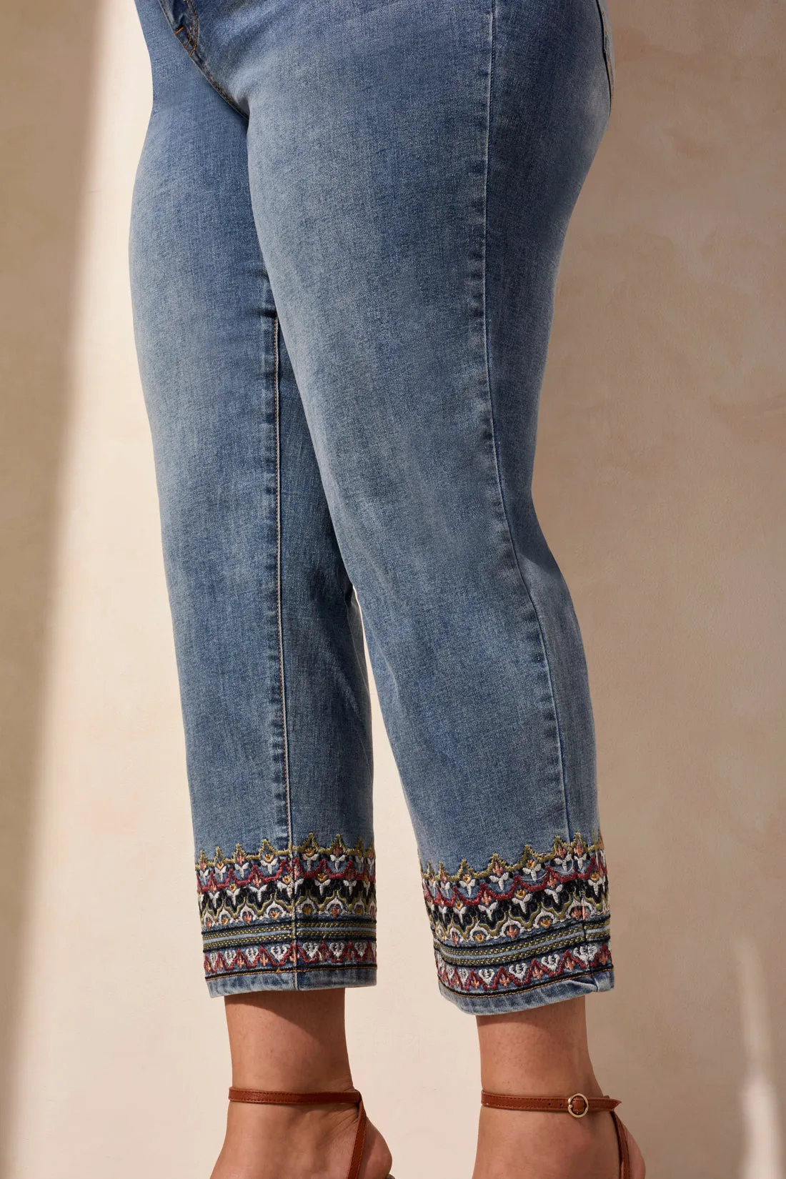 Audrey Mid Rise Embroidered Straight Crop Jeans-Tileblue sold by Tribal product image thumbnail 3