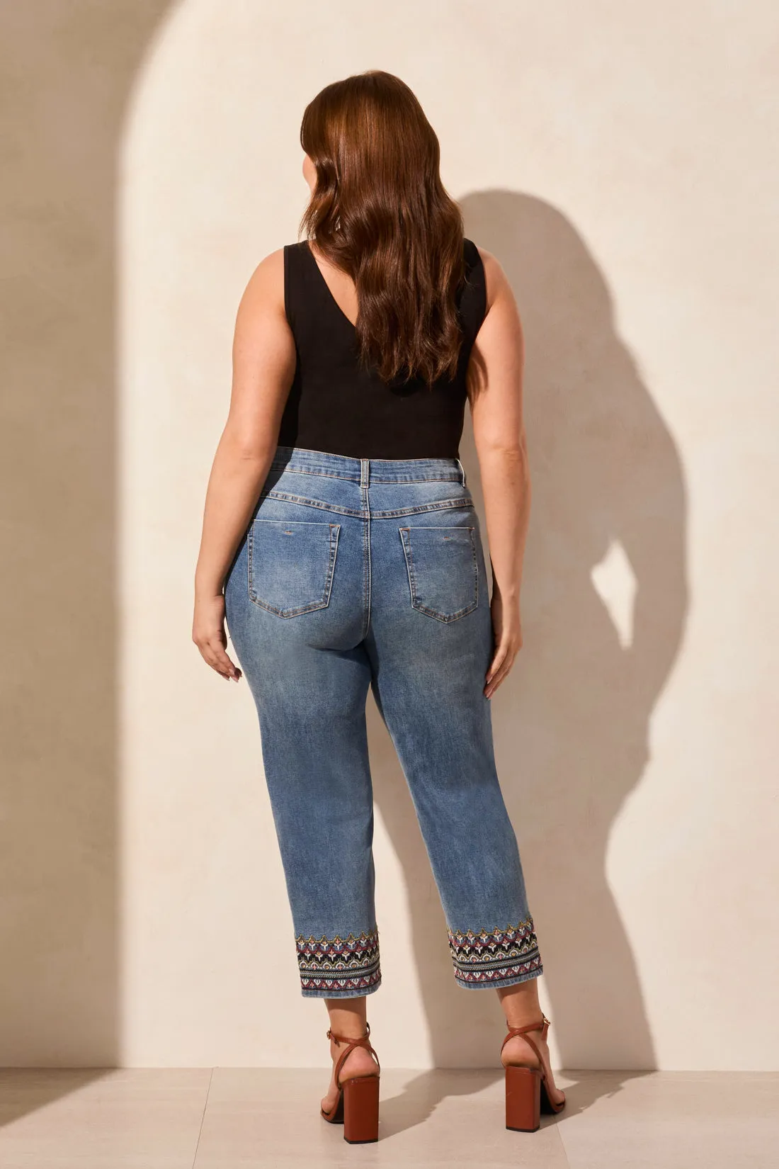 Audrey Mid Rise Embroidered Straight Crop Jeans-Tileblue sold by Tribal product image thumbnail 4