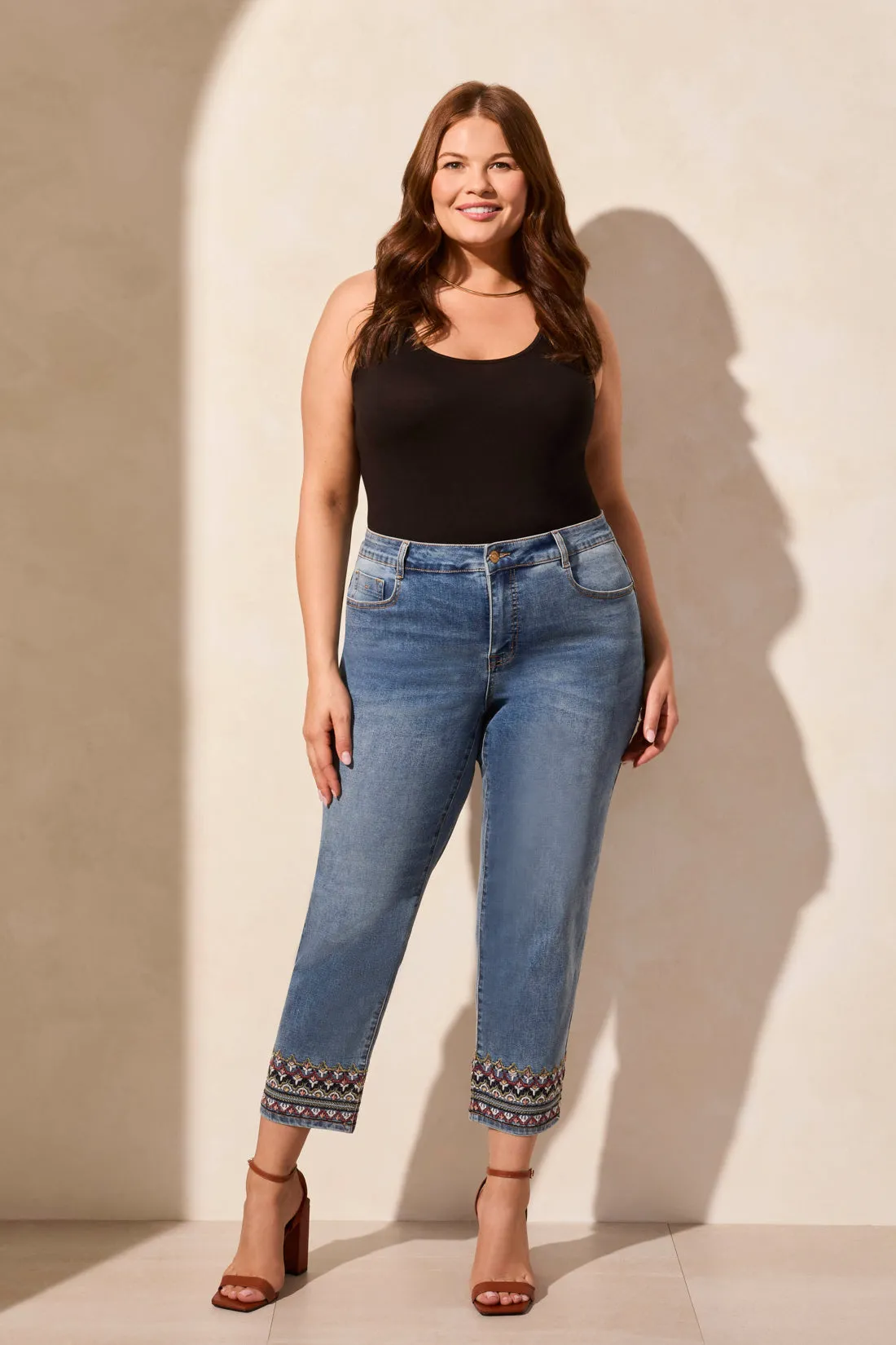 Audrey Mid Rise Embroidered Straight Crop Jeans-Tileblue sold by Tribal