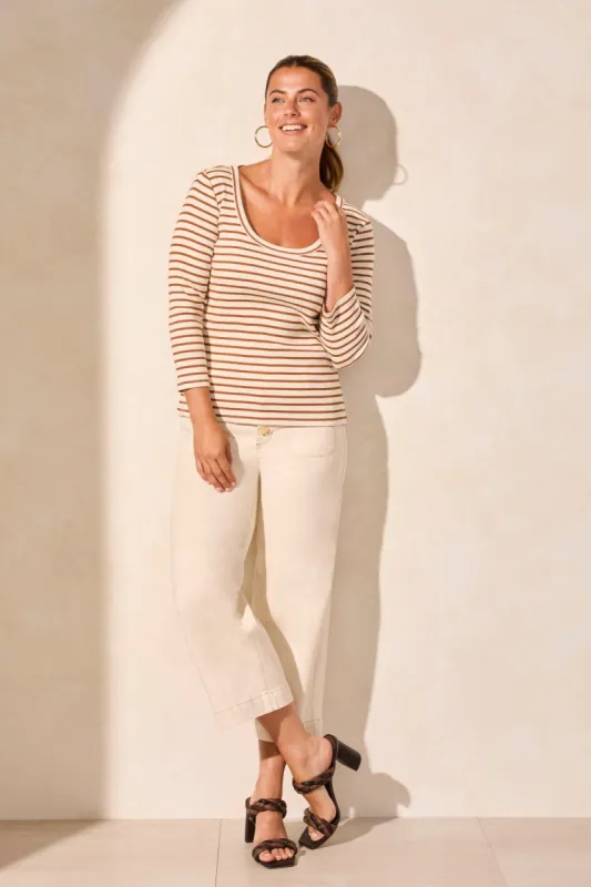 3/4 Sleeve Wide Crew Neck Top-Desertsandstripe sold by Tribal