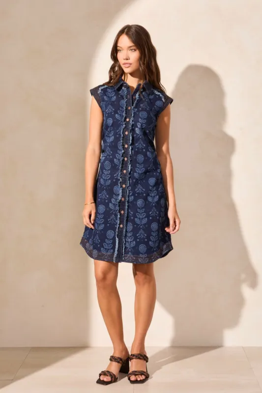 Cap Sleeve Button-Front Printed Denim Dress-Deepmarine sold by Tribal