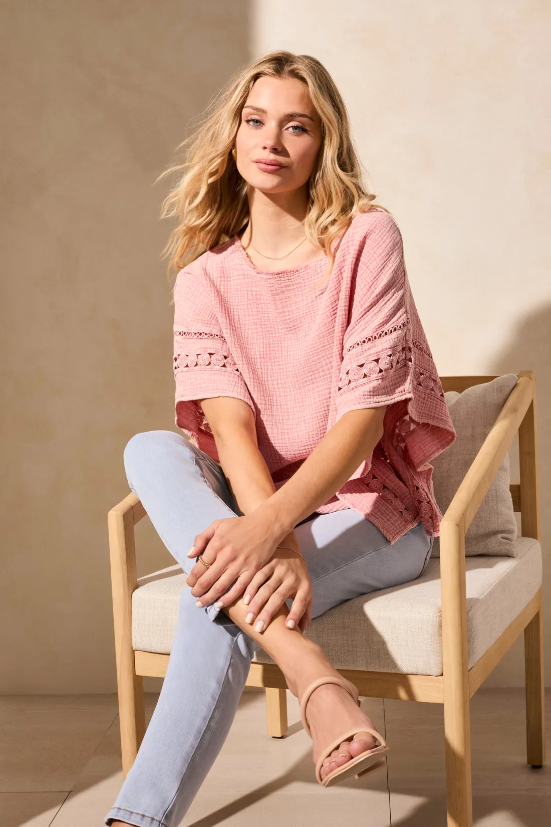 Vintage Wash Cotton Gauze Kaftan Blouse With Fancy Trim-Shellpink sold by Tribal product image thumbnail 3