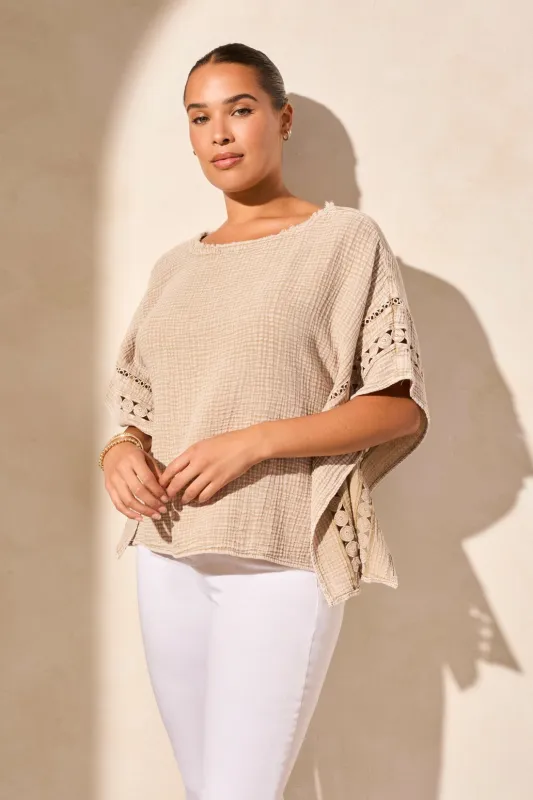 Vintage Wash Cotton Gauze Kaftan Blouse With Fancy Trim-Nudeolive sold by Tribal