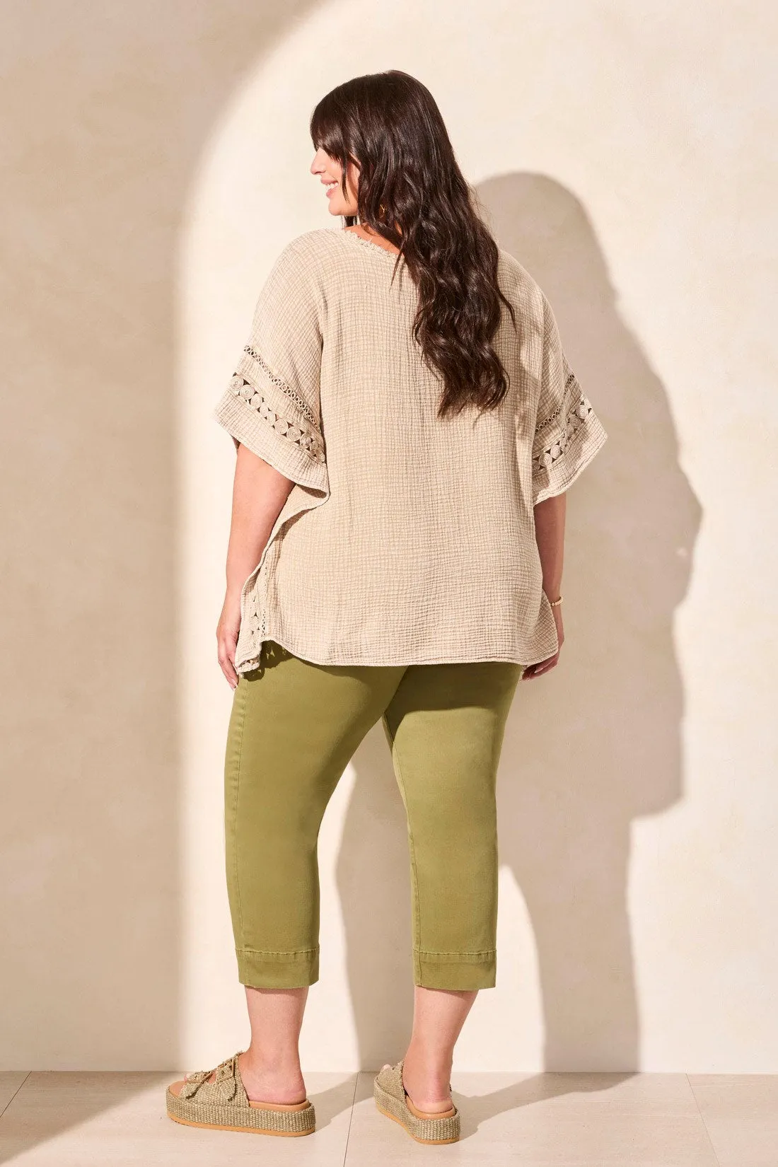 Vintage Wash Cotton Gauze Kaftan Blouse With Fancy Trim-Nudeolive sold by Tribal product image thumbnail 4