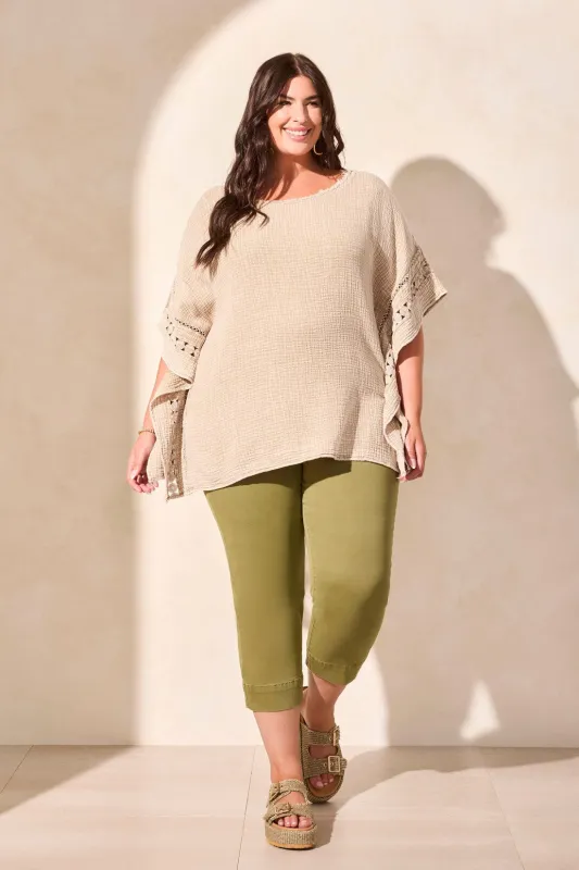 Vintage Wash Cotton Gauze Kaftan Blouse With Fancy Trim-Nudeolive sold by Tribal