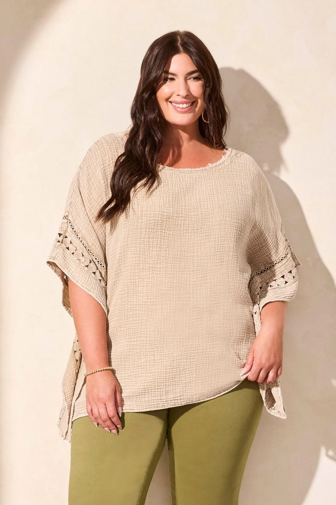 Vintage Wash Cotton Gauze Kaftan Blouse With Fancy Trim-Nudeolive sold by Tribal product image thumbnail 2