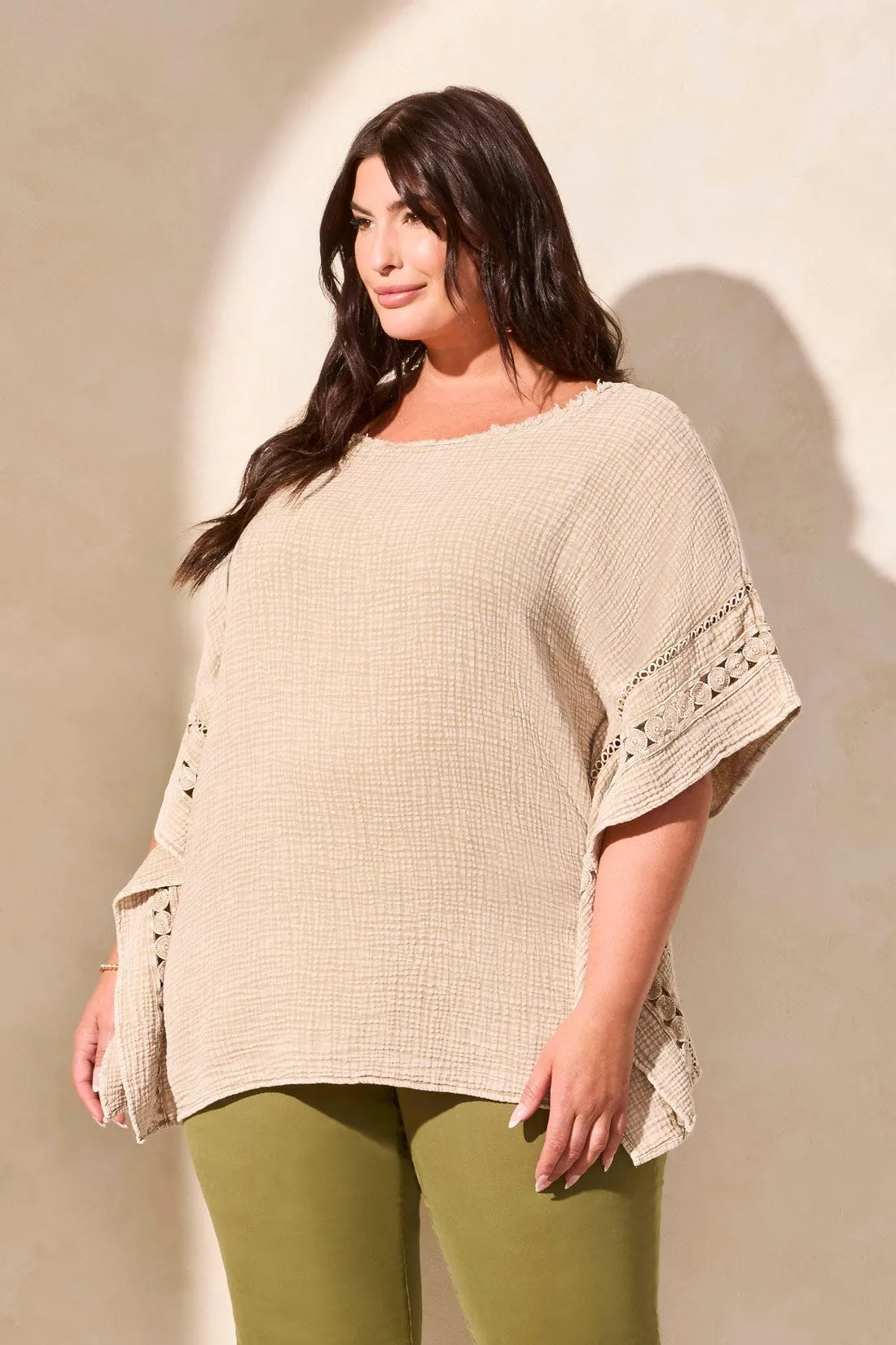 Vintage Wash Cotton Gauze Kaftan Blouse With Fancy Trim-Nudeolive sold by Tribal product image thumbnail 3