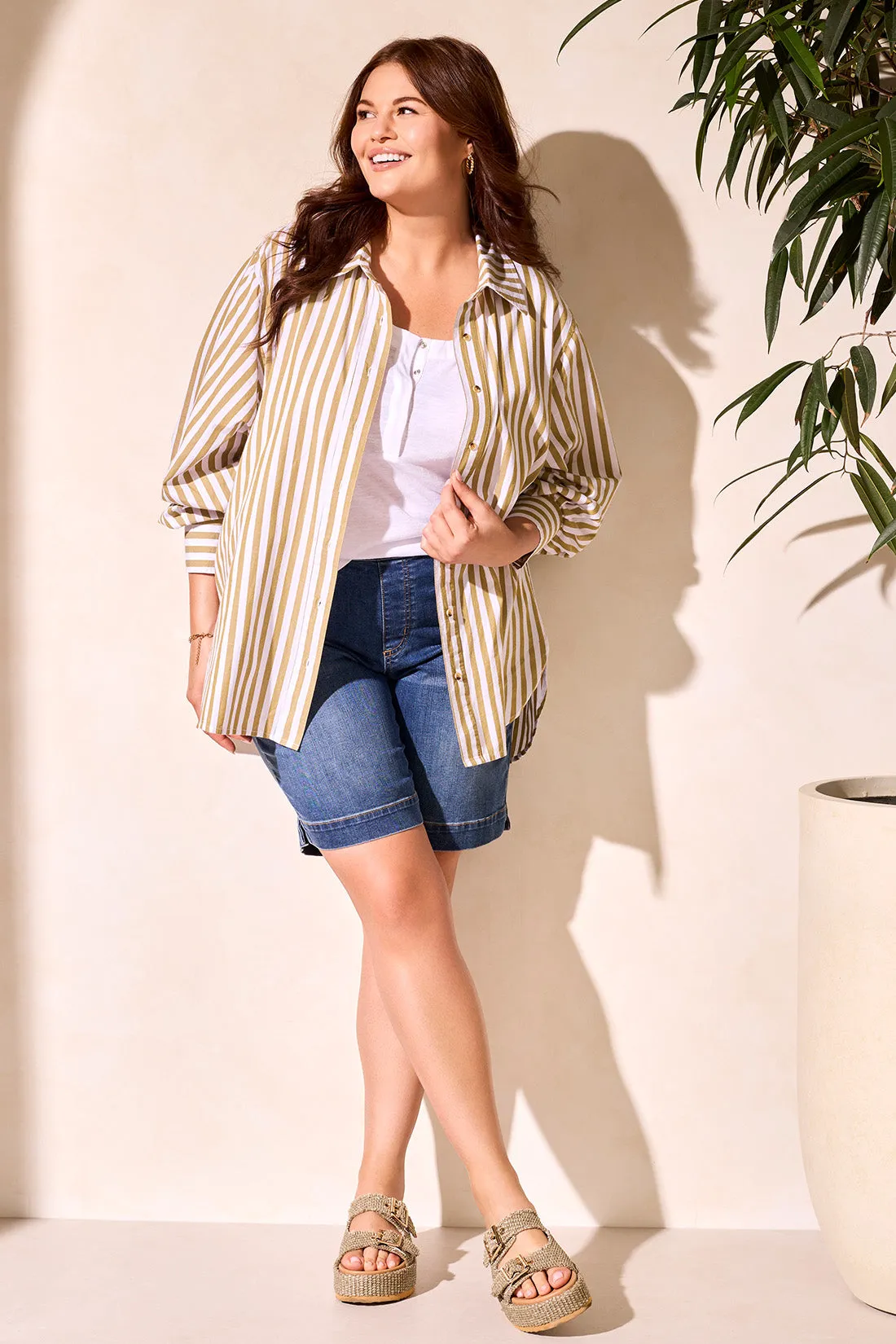 Stripe Button-Front Shirt-Greenmoss sold by Tribal