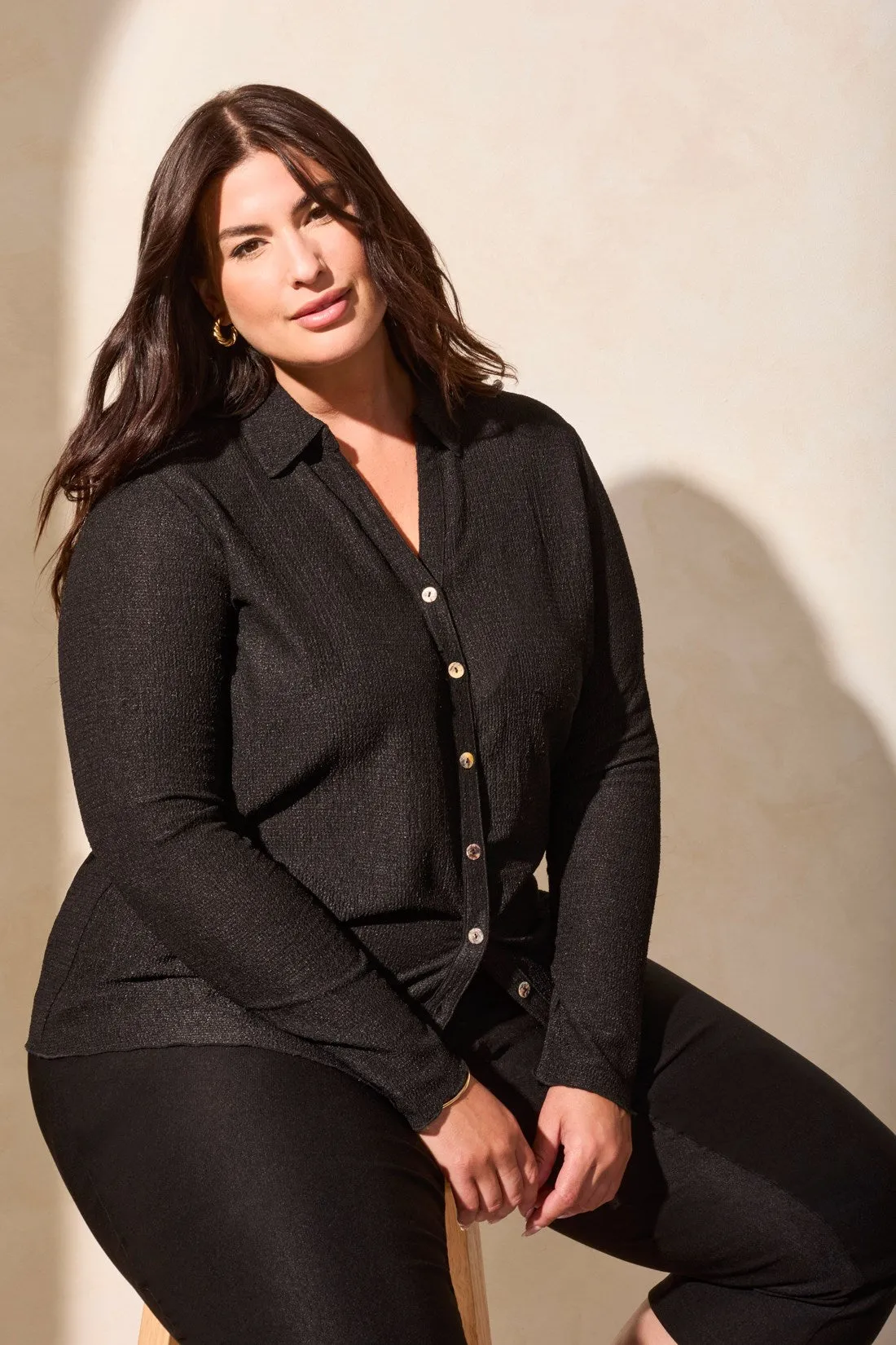 Crinkle Knit Button-Front Loose Shirt-Black sold by Tribal product image thumbnail 2