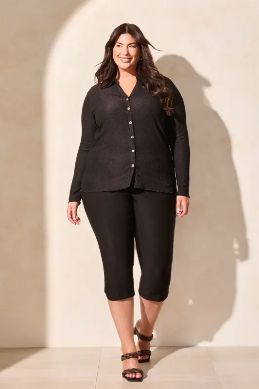 Crinkle Knit Button-Front Loose Shirt-Black sold by Tribal