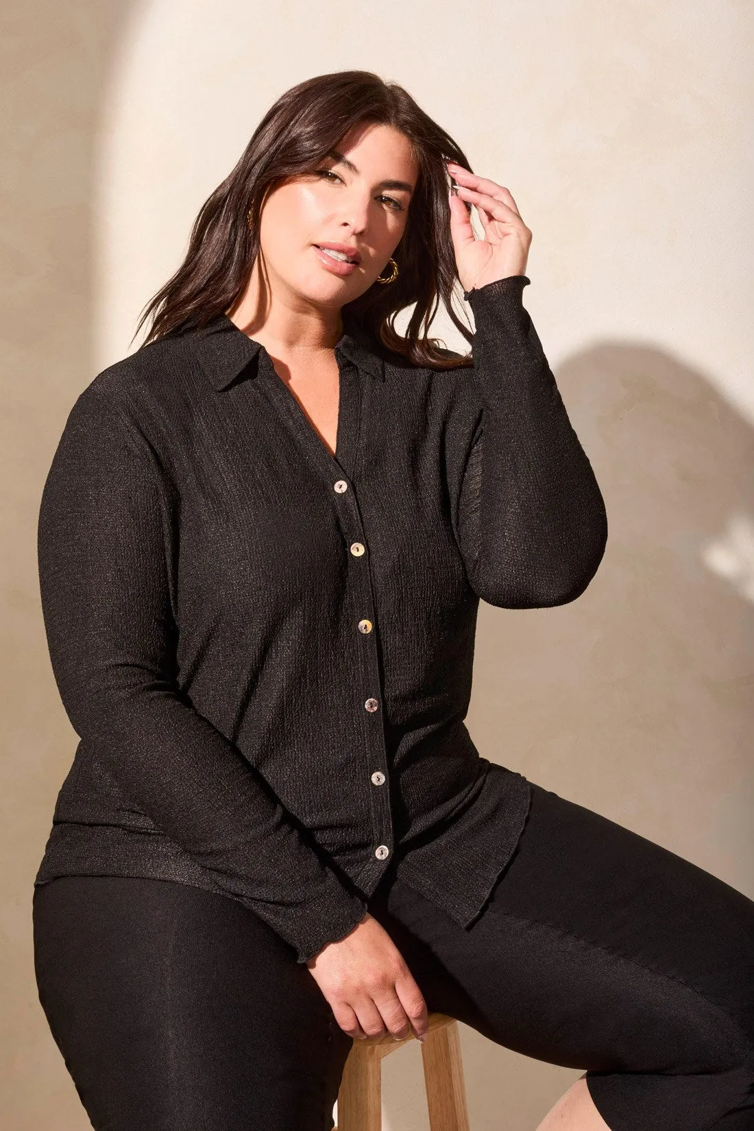 Crinkle Knit Button-Front Loose Shirt-Black sold by Tribal product image thumbnail 3
