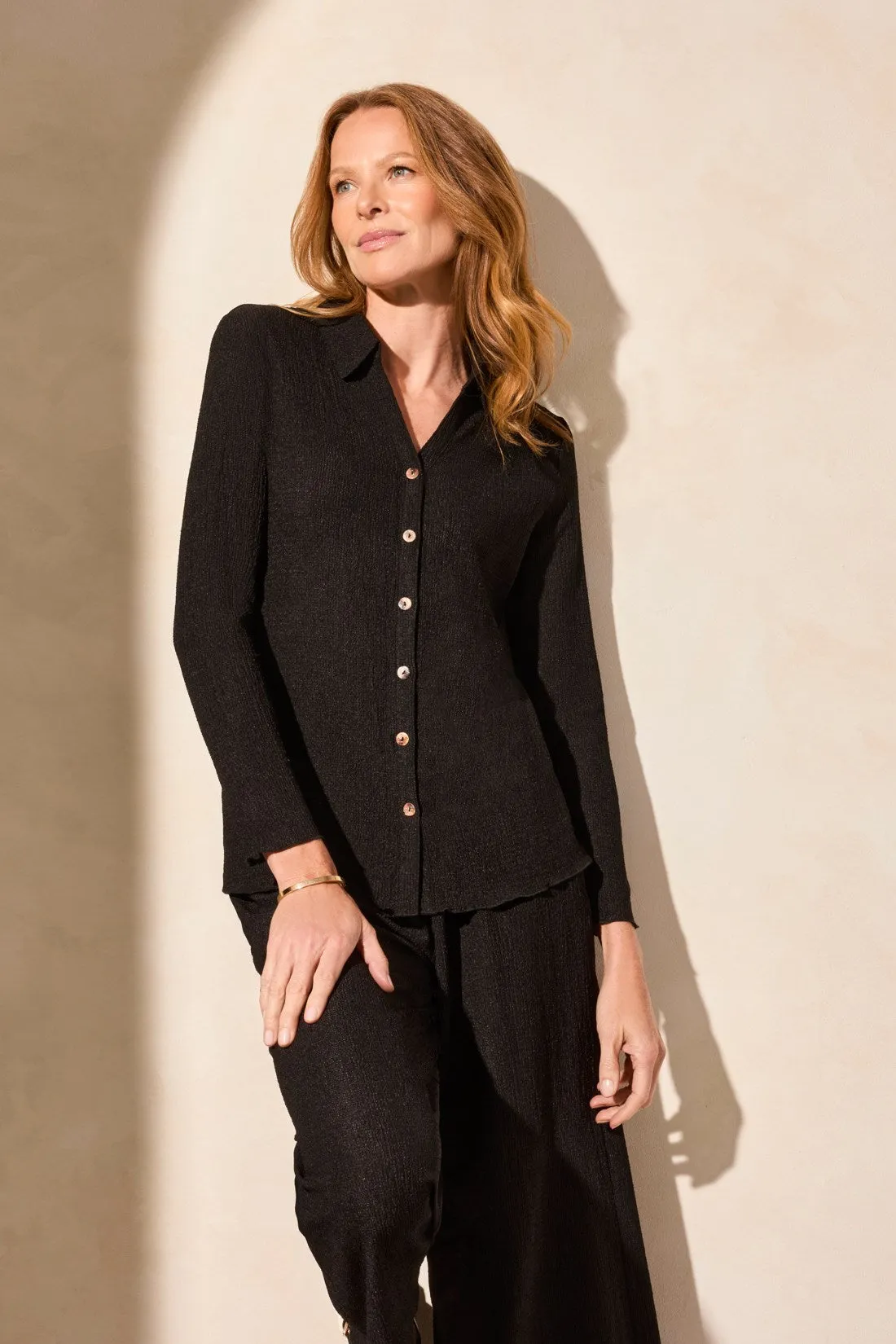 Crinkle Knit Button-Front Loose Shirt-Black sold by Tribal product image thumbnail 3
