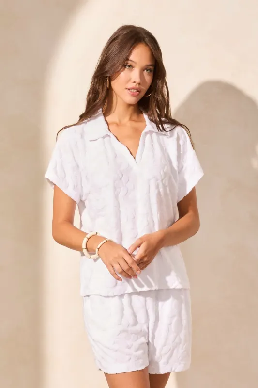 Textured Terry Cloth Short-Sleeve Polo Top-White sold by Tribal