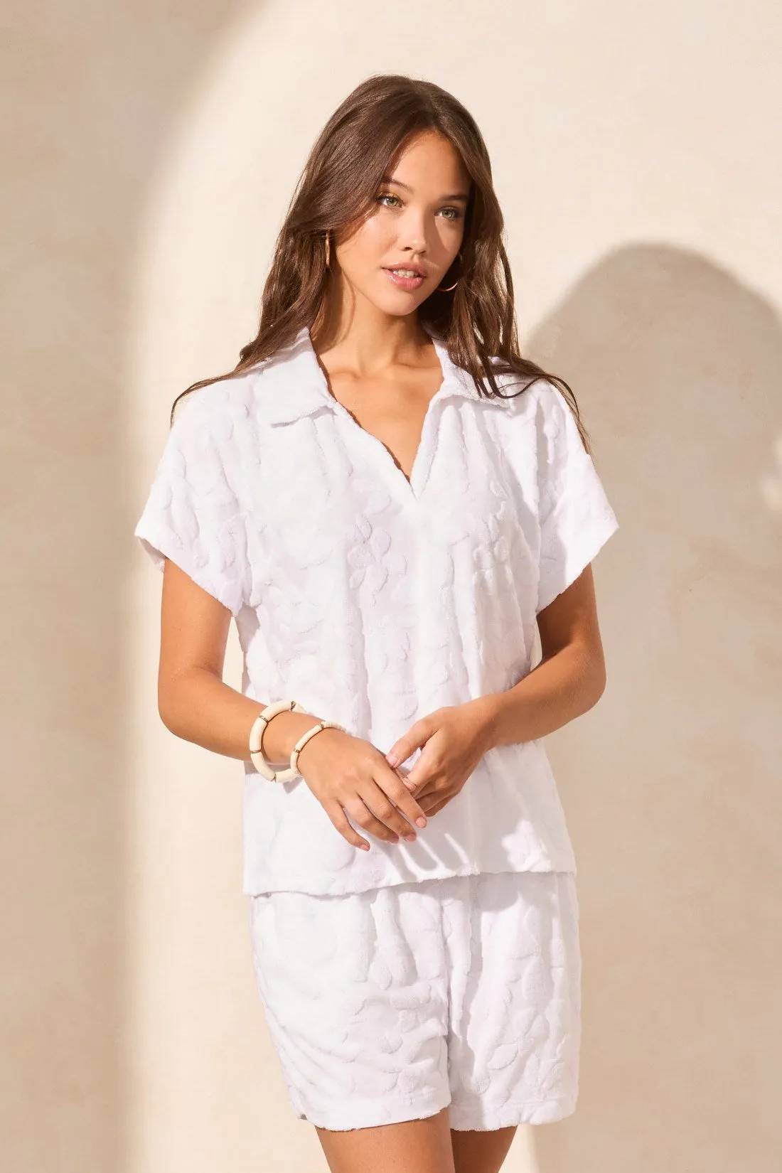 Textured Terry Cloth Short-Sleeve Polo Top-White sold by Tribal