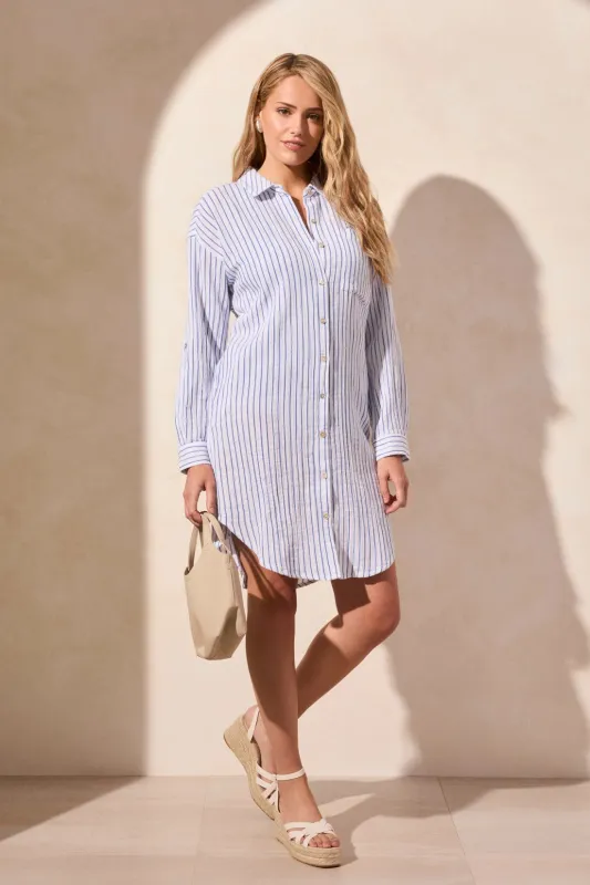 Cotton Gauze Rolled Long-Sleeve Shirt Dress-Riviera sold by Tribal
