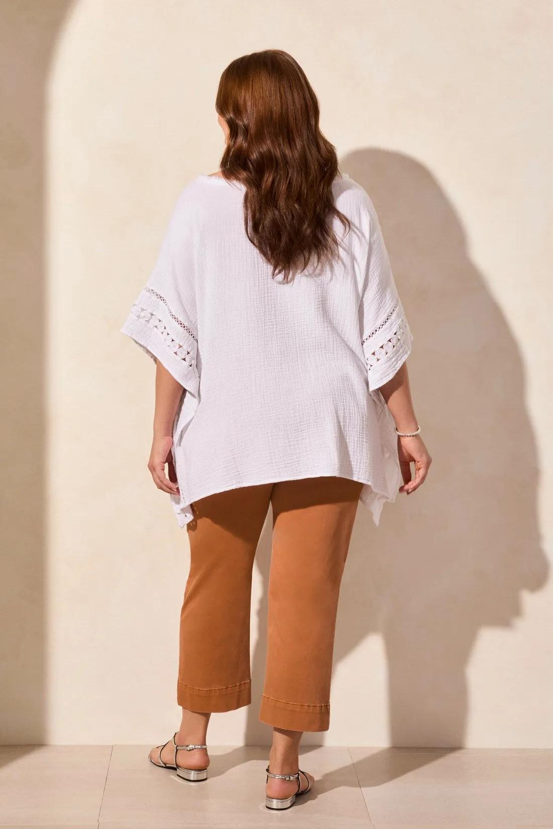 Vintage Wash Cotton Gauze Kaftan Blouse With Fancy Trim-White sold by Tribal product image thumbnail 4