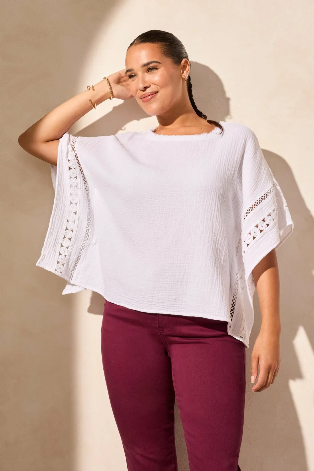 Vintage Wash Cotton Gauze Kaftan Blouse With Fancy Trim-White sold by Tribal product image thumbnail 2