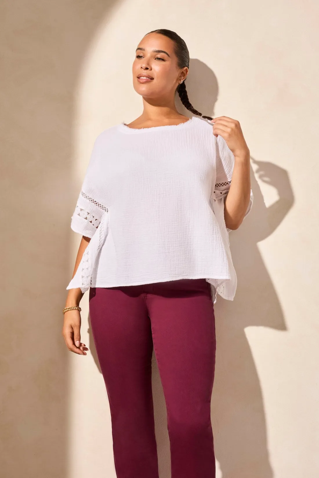 Vintage Wash Cotton Gauze Kaftan Blouse With Fancy Trim-White sold by Tribal