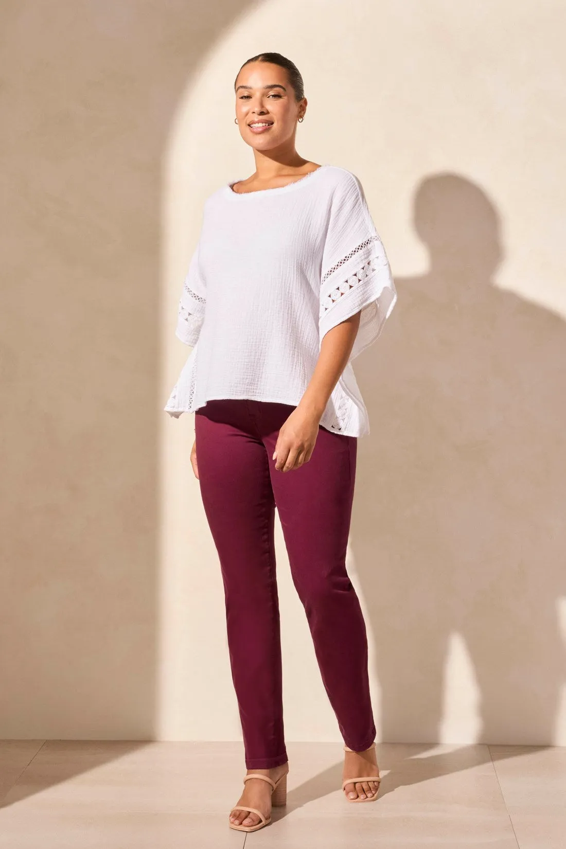 Vintage Wash Cotton Gauze Kaftan Blouse With Fancy Trim-White sold by Tribal product image thumbnail 3