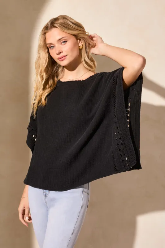 Vintage Wash Cotton Gauze Kaftan Blouse With Fancy Trim-Black sold by Tribal