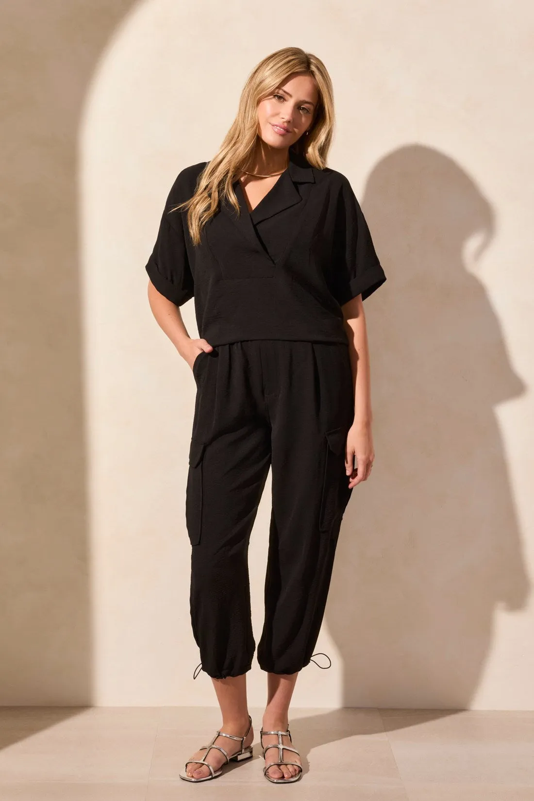 Lapel Collar V-Neck Short Sleeve Shirt-Black sold by Tribal product image thumbnail 2