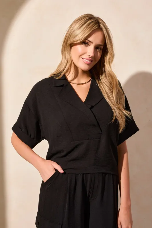 Lapel Collar V-Neck Short Sleeve Shirt-Black sold by Tribal