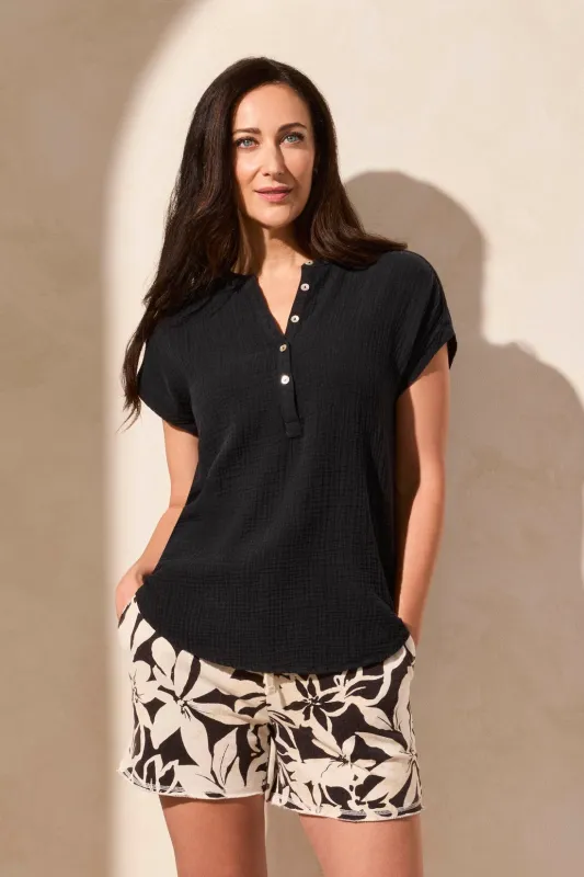 Vintage Wash Cotton Gauze Cap Sleeve Top-Black sold by Tribal