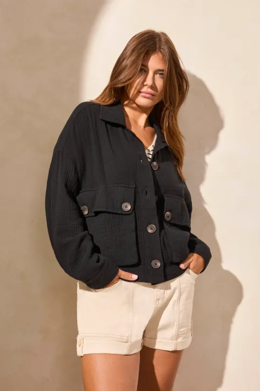 Cotton Gauze Button-Up Jacket-Black sold by Tribal