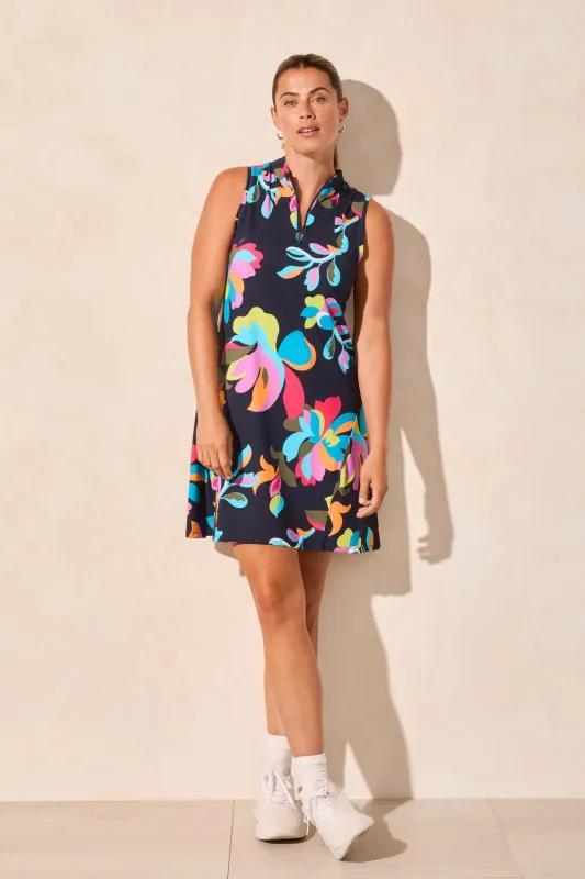Textured Print Sleeveless Flare-Cut Mock Neck Dress-Ruby sold by Tribal