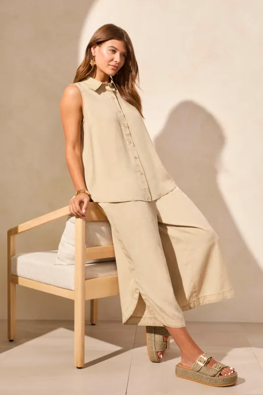 Flowy Sleeveless Button-Up Shirt-W Dustysand sold by Tribal