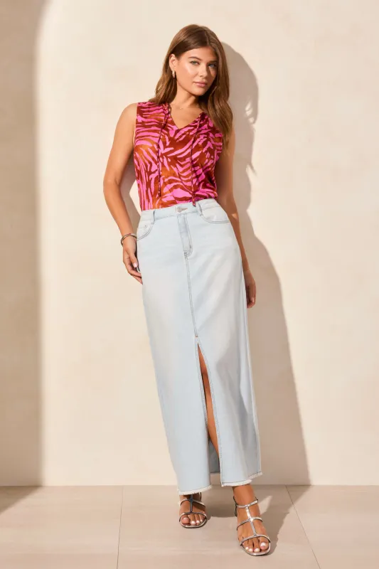 Full Length Slit-Accent Denim Skirt-Bluewhite sold by Tribal
