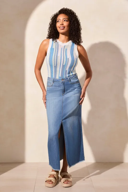 Full Length Slit-Accent Denim Skirt-Coastline sold by Tribal