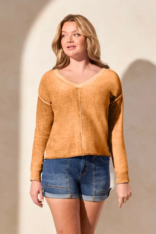 Lightweight Cotton V-Neck Sweater With Special Wash-Goldensun sold by Tribal