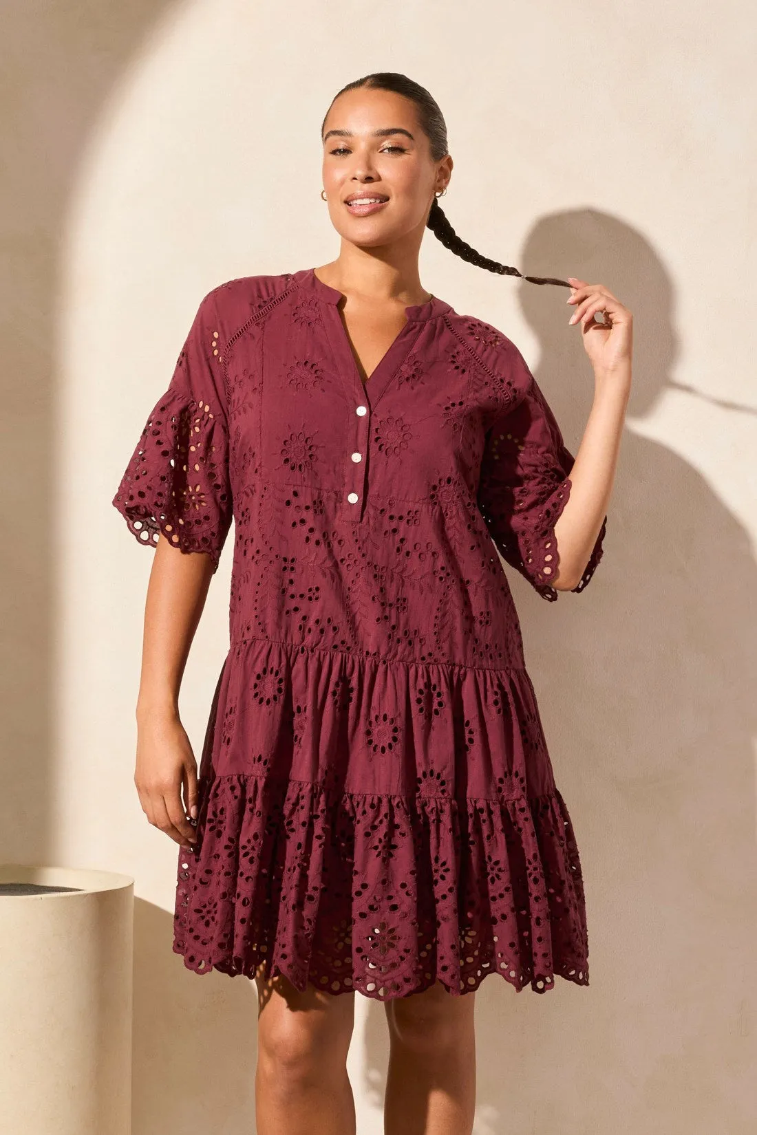 Cotton Eyelet Ruffle Short Sleeve Tiered Dress-Maroon sold by Tribal product image thumbnail 3