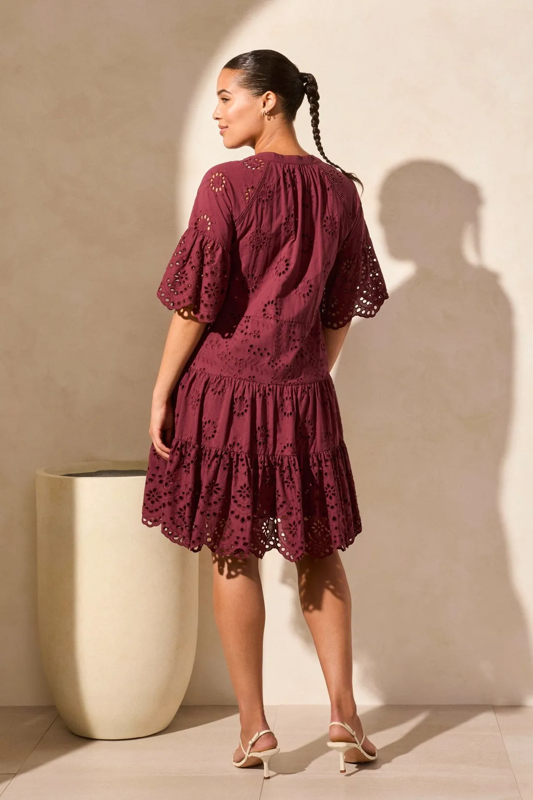 Cotton Eyelet Ruffle Short Sleeve Tiered Dress-Maroon sold by Tribal product image thumbnail 4