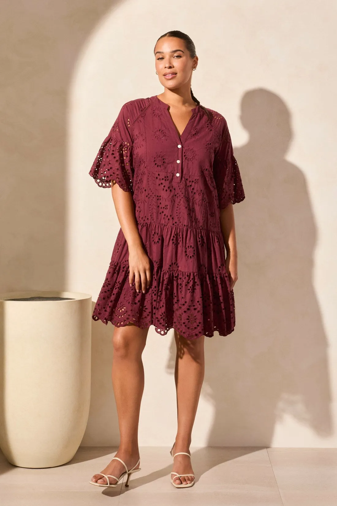 Cotton Eyelet Ruffle Short Sleeve Tiered Dress-Maroon sold by Tribal
