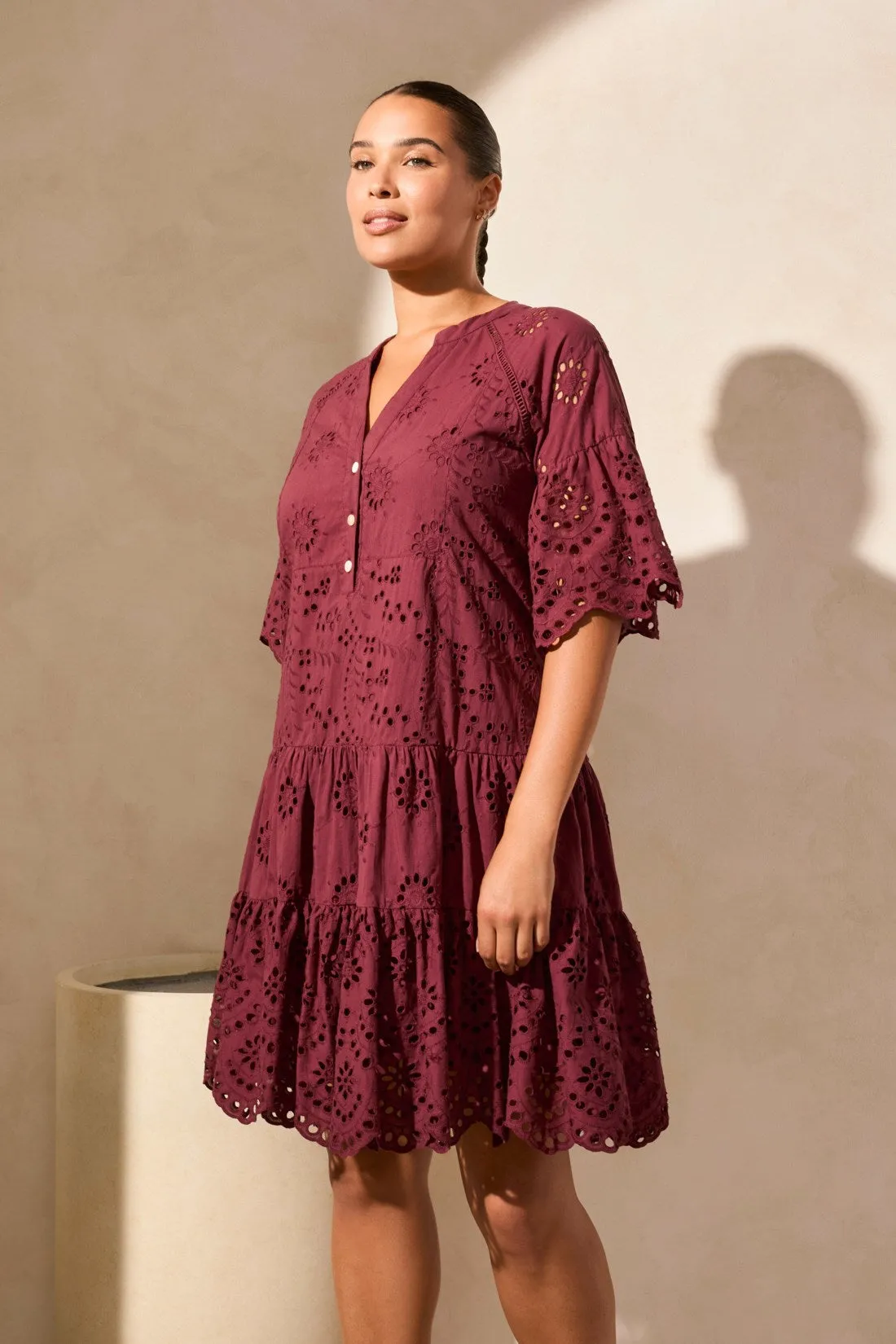 Cotton Eyelet Ruffle Short Sleeve Tiered Dress-Maroon sold by Tribal product image thumbnail 2