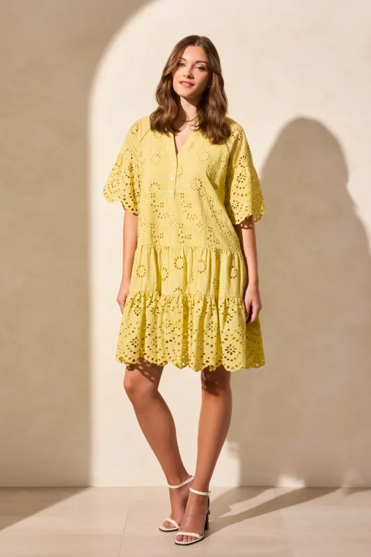 Cotton Eyelet Ruffle Short Sleeve Tiered Dress-Starfruit sold by Tribal