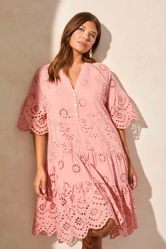 Cotton Eyelet Ruffle Short Sleeve Tiered Dress-Shellpink sold by Tribal