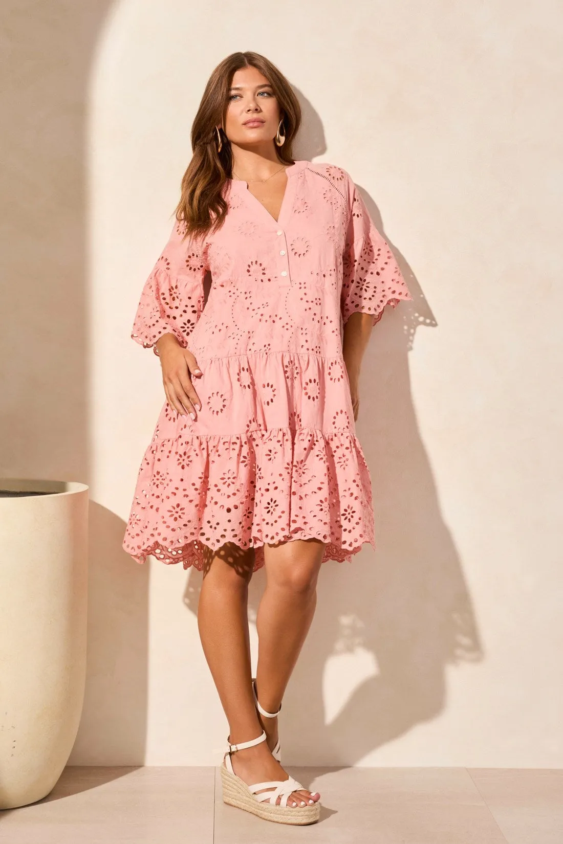 Cotton Eyelet Ruffle Short Sleeve Tiered Dress-Shellpink sold by Tribal product image thumbnail 2