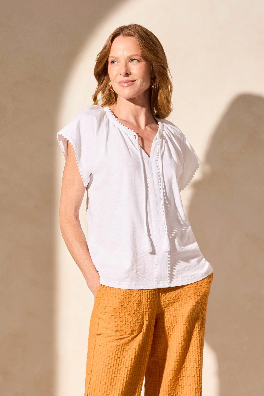 Cotton Slub Knit Short-Sleeve Notch Neck Top-White sold by Tribal product image thumbnail 3