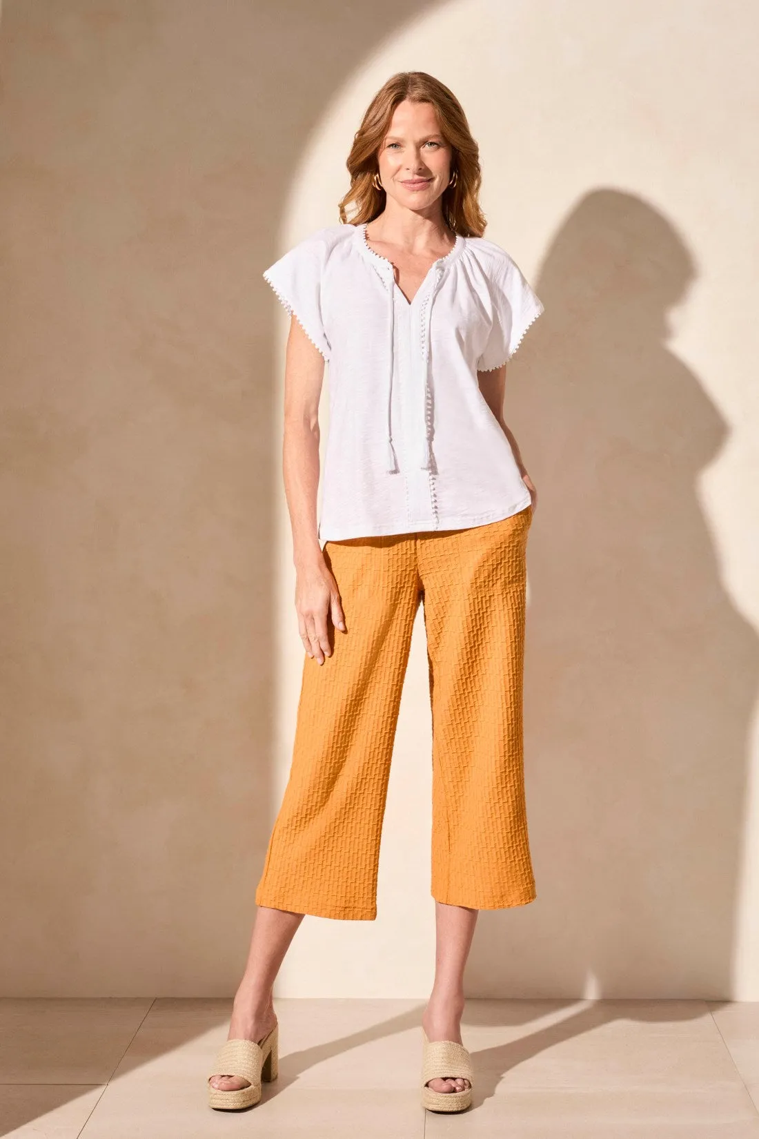 Cotton Slub Knit Short-Sleeve Notch Neck Top-White sold by Tribal