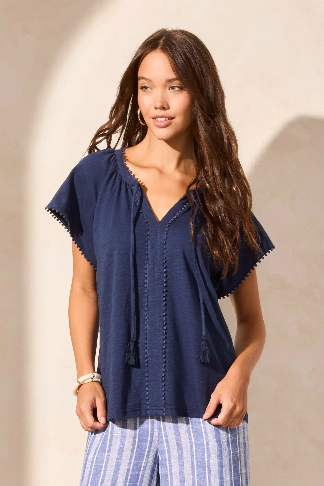 Cotton Slub Knit Short-Sleeve Notch Neck Top-Jet Blue sold by Tribal product image thumbnail 3